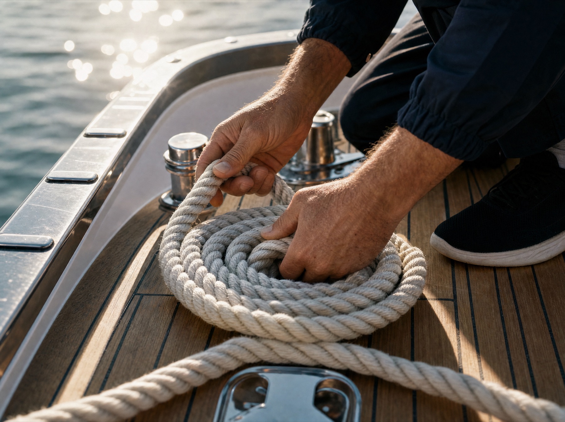 Coiling a mooring line on deck